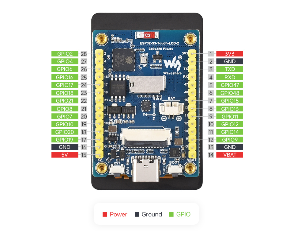 ESP32-S3 2.8 英寸电容触控屏开发板引脚资源介绍