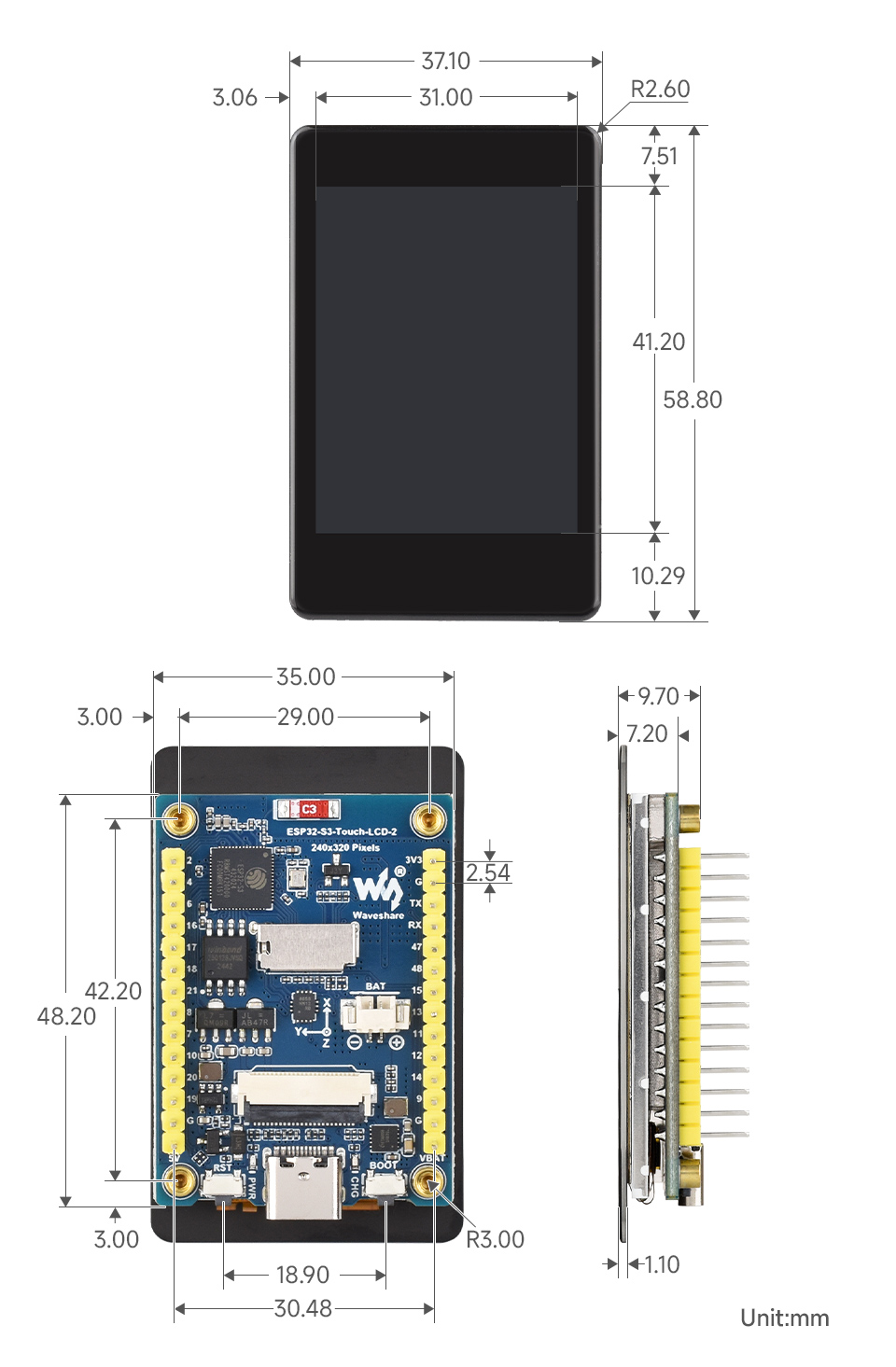 ESP32-S3 2.8 英寸电容触控屏开发板产品尺寸