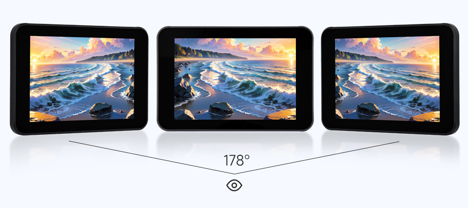 三个ESP32-S3 2.8 英寸电容触控屏开发板并列，并展示不同视角及IPS屏幕软件