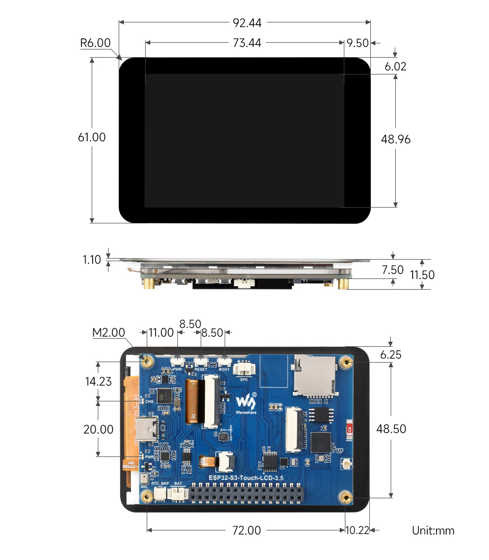 ESP32-S3 2.8 英寸电容触控屏开发板产品尺寸