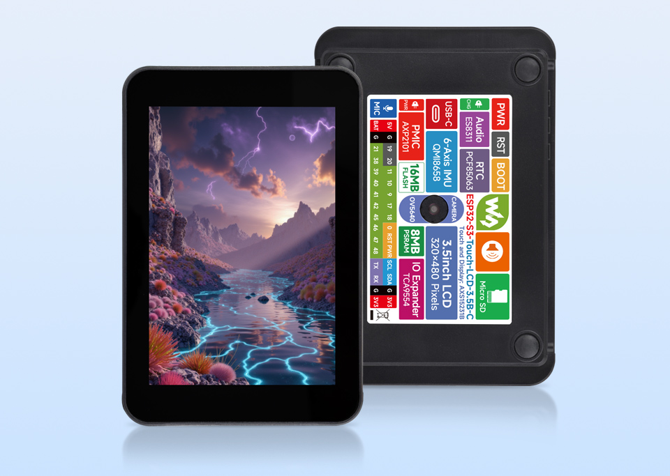 ESP32-S3 3.5 英寸电容触控屏开发板，并带有特性图标如：LX7双核处理器，2.4GHz Wi-Fi，蓝牙BLE5，板载天线，屏幕尺寸，分辨率，262K彩色，音频播放，PCF85063 RTC时钟，QMI8658惯性计，多种接口