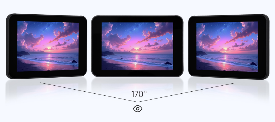 三个ESP32-S3 3.5 英寸电容触控屏开发板并列，并展示不同视角及IPS屏幕软件