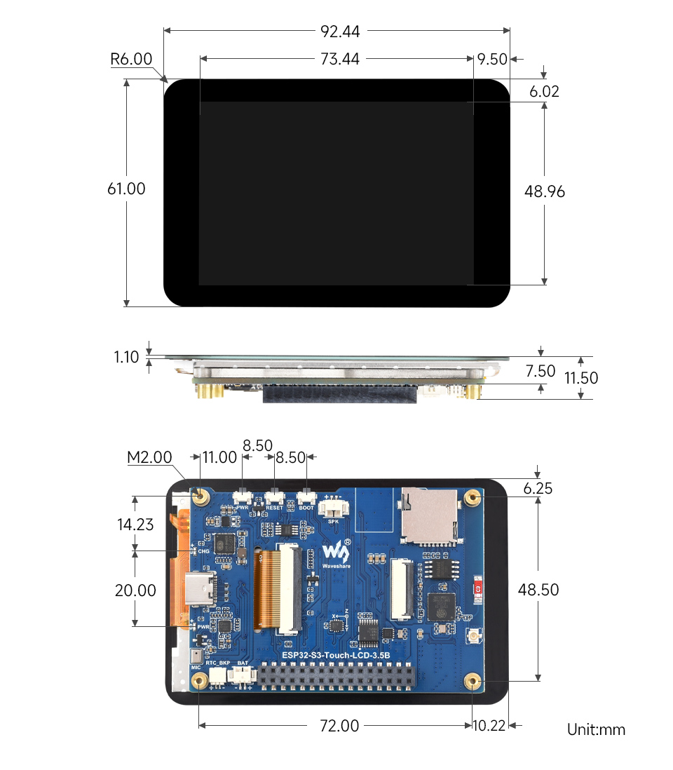 ESP32-S3 3.5 英寸电容触控屏开发板产品尺寸