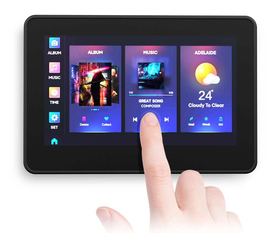 手指触摸ESP32-S3 4.3英寸电容触控屏开发板的屏幕，界面显示LVGL GUI开发出来的UI界面，