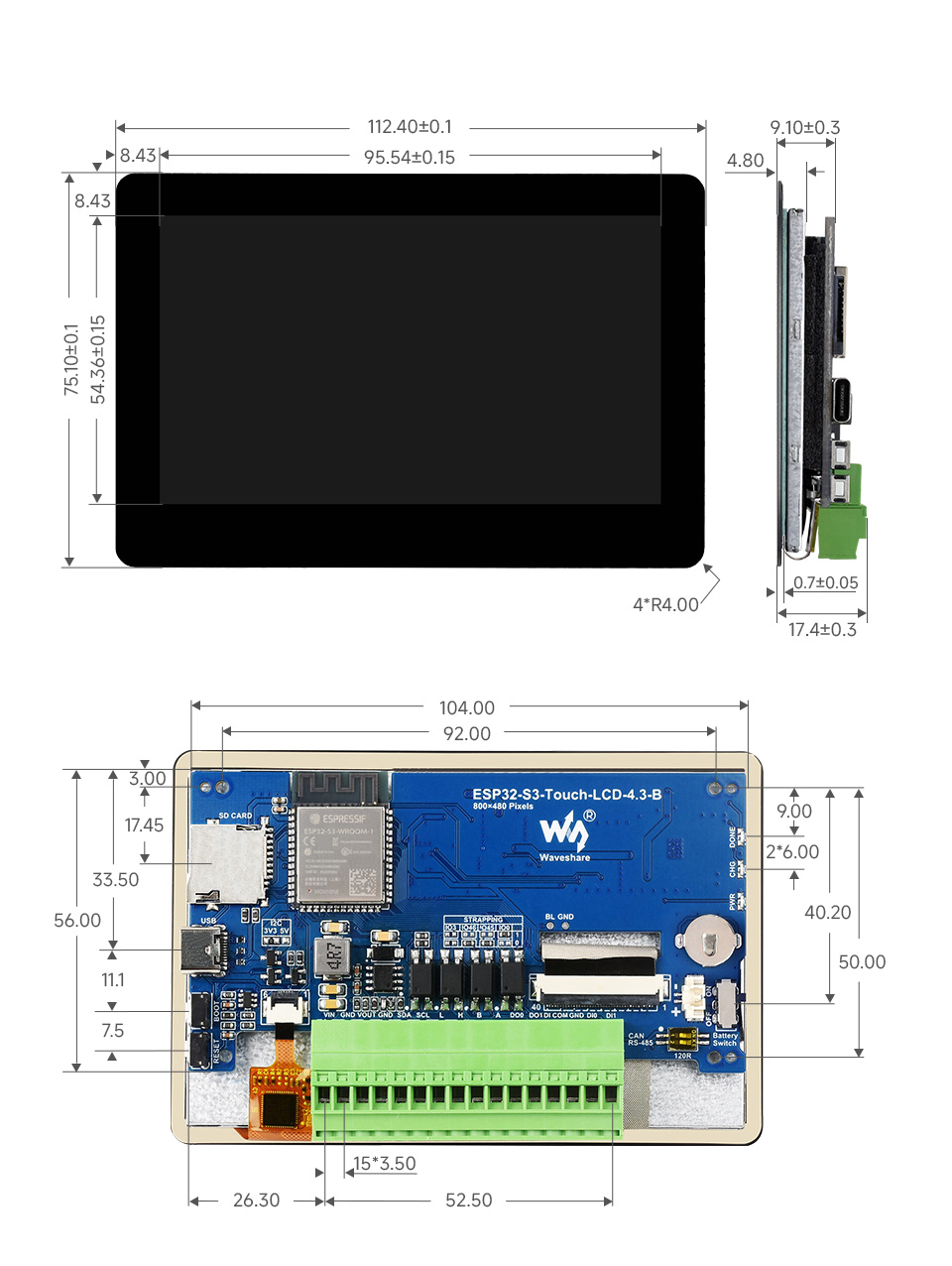 ESP32-S3 4.3 英寸电容触控屏开发板产品尺寸