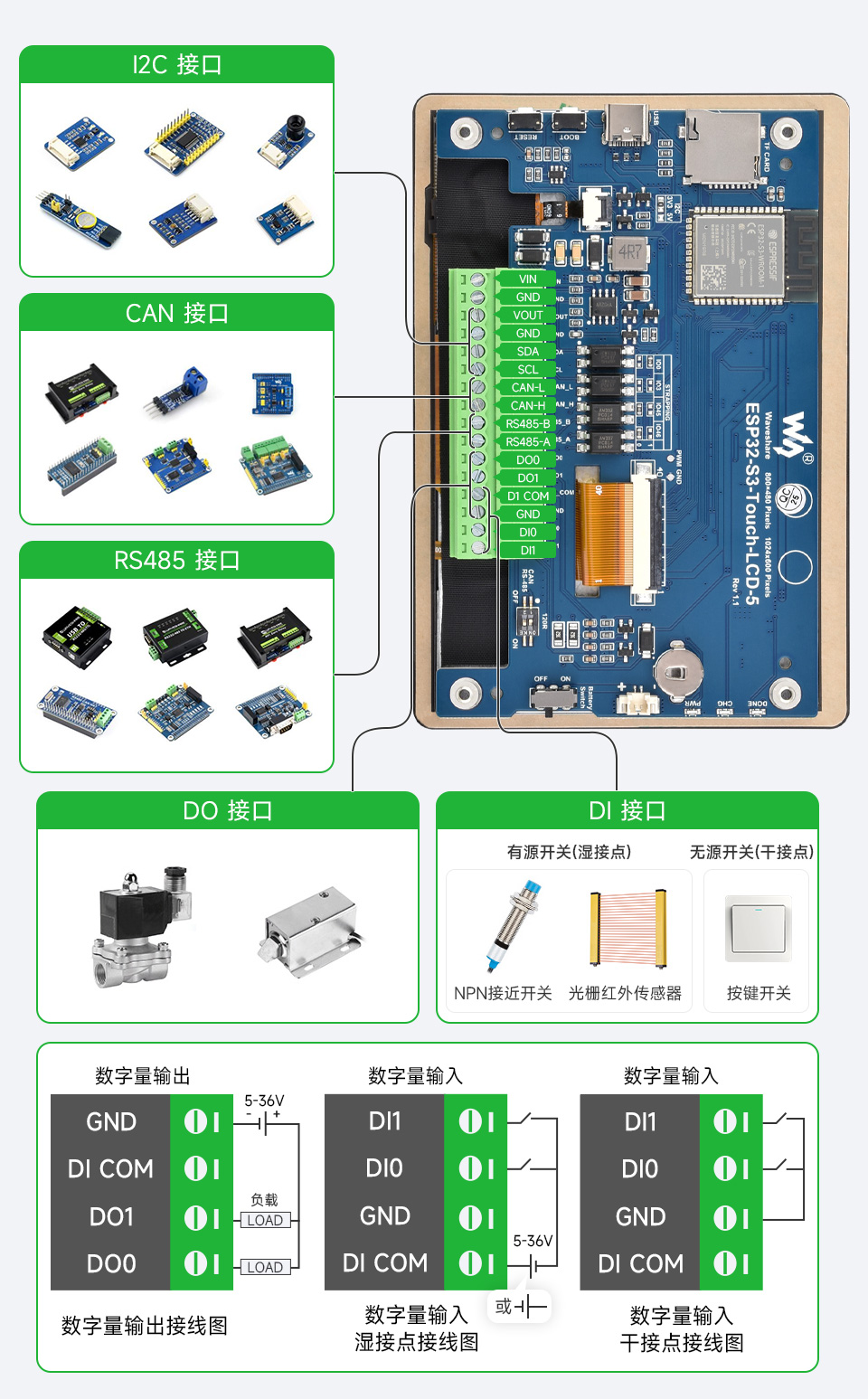 ESP32-S3 4英寸电容触控屏开发板支持扩展多种外设，可通过 CAN、RS485、I2C 等接口接入更多扩展设备