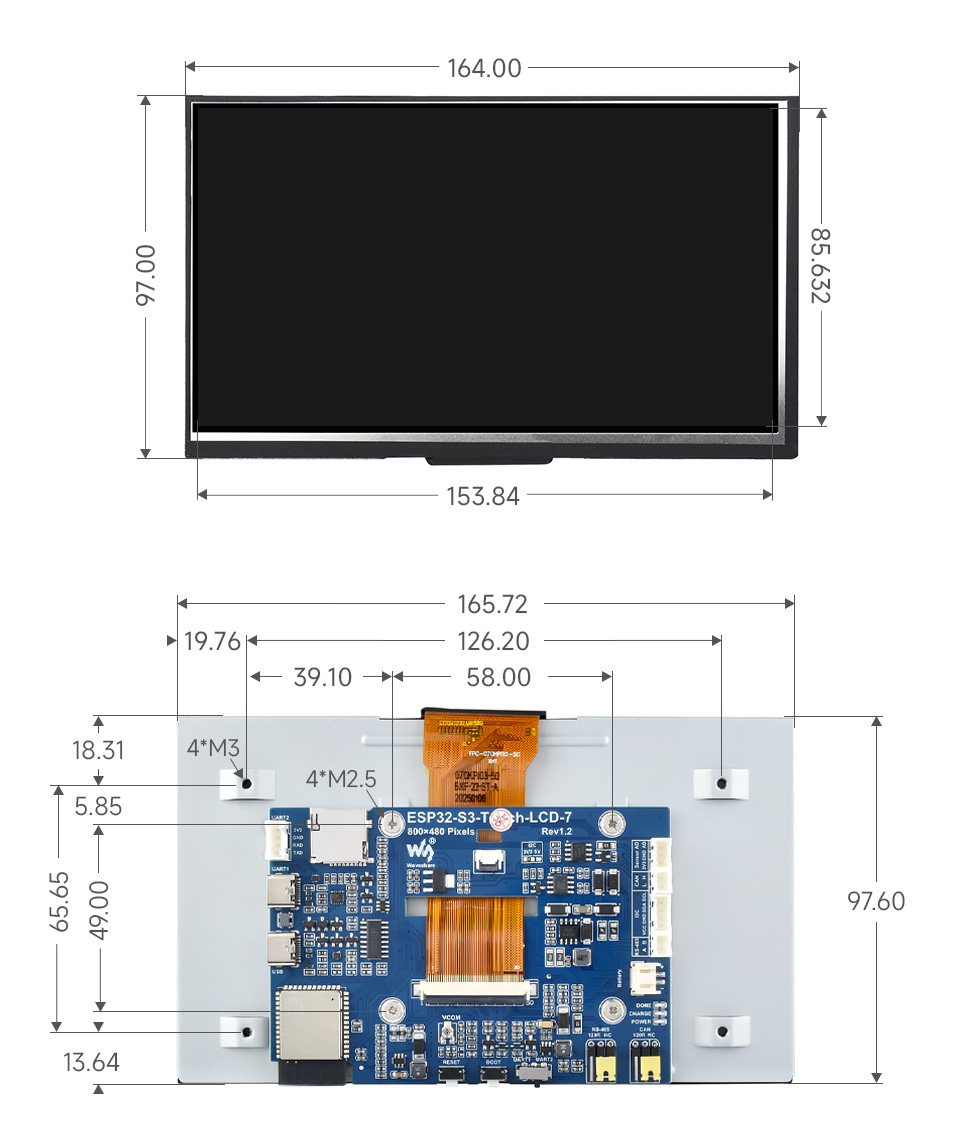 ESP32-S3 7 英寸电容触控屏开发板产品尺寸
