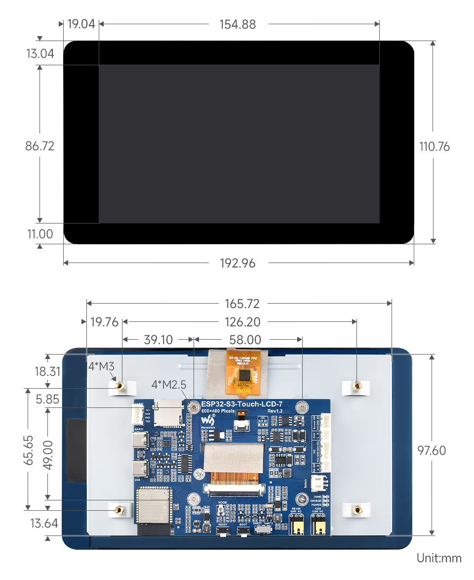 ESP32-S3 7 英寸电容触控屏开发板产品尺寸