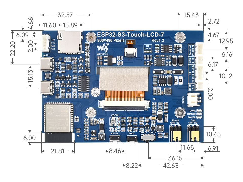 ESP32-S3 7 英寸电容触控屏开发板产品尺寸
