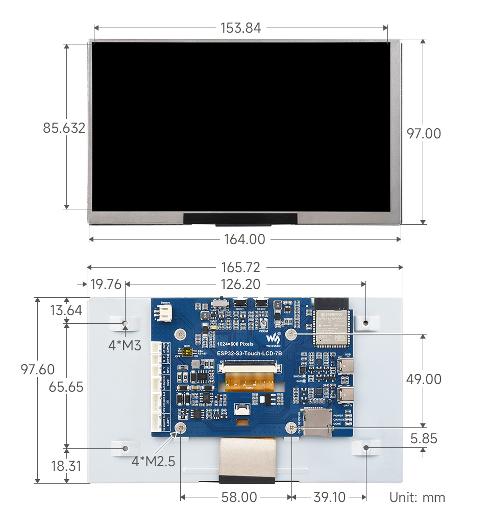 ESP32-S3 7 英寸电容触控屏开发板产品尺寸