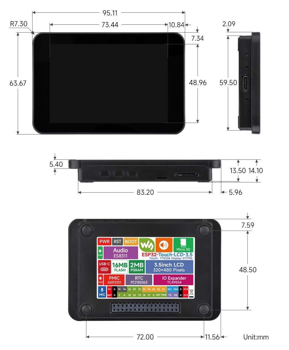 ESP32-Touch-LCD-3.5 英寸液晶开发板产品尺寸