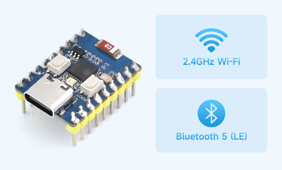 ESP32-C3-Zero，基础介绍：搭载 RISC-V 32 位单核处理器的低功耗 SoC，主频高达 160MHz，<br>支持 2.4GHz Wi-Fi (802.11 b/g/n) 和 Bluetooth 5 (LE)