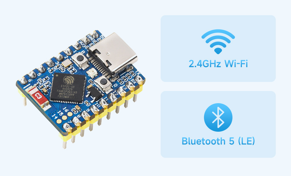ESP32-S3-Zero，基础介绍：搭载 Xtensa 32 位 LX7 双核处理器，主频高达 240MHz，支持 2.4GHz Wi-Fi (802.11 b/g/n) 和 Bluetooth 5 (LE)