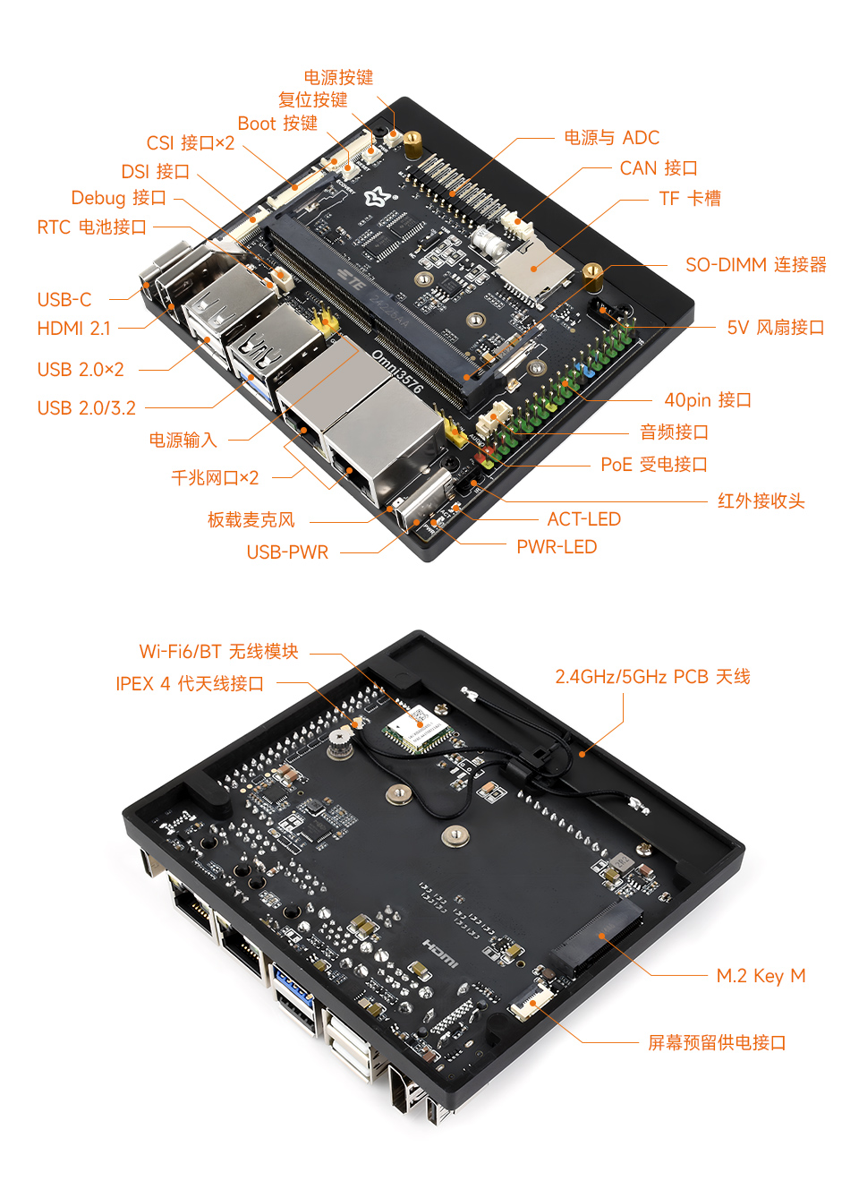 Core3576 丰富的显示外设接口，支持 HDMI、MIPI-DSI、DP、MIPI-CSI、PCIe2.0/SATA3、SDIO、GMAC、USB3.0、USB2.0、I2C、I3C、SPI、I2S、UART、GPIO 等扩展接口