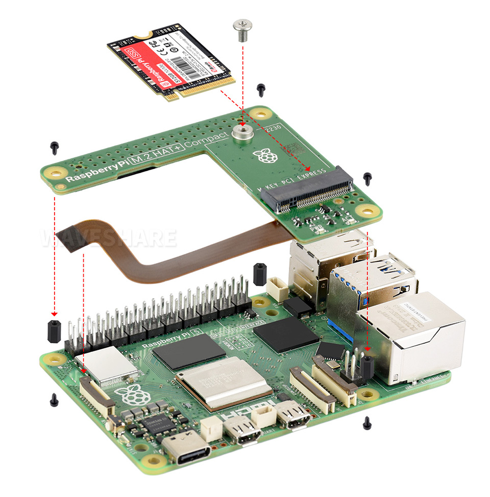 Raspberry Pi 官方设计的 PCIe 转 M.2 接口扩展板安装示意