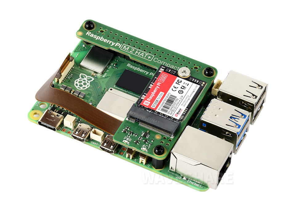 Raspberry Pi 官方设计的 PCIe 转 M.2 接口扩展板配备 16PIN 排线，可通过 16PIN 排线接入 Pi 5