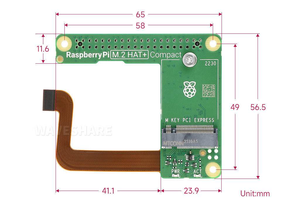 Raspberry Pi 官方设计的 PCIe 转 M.2 接口扩展板产品尺寸