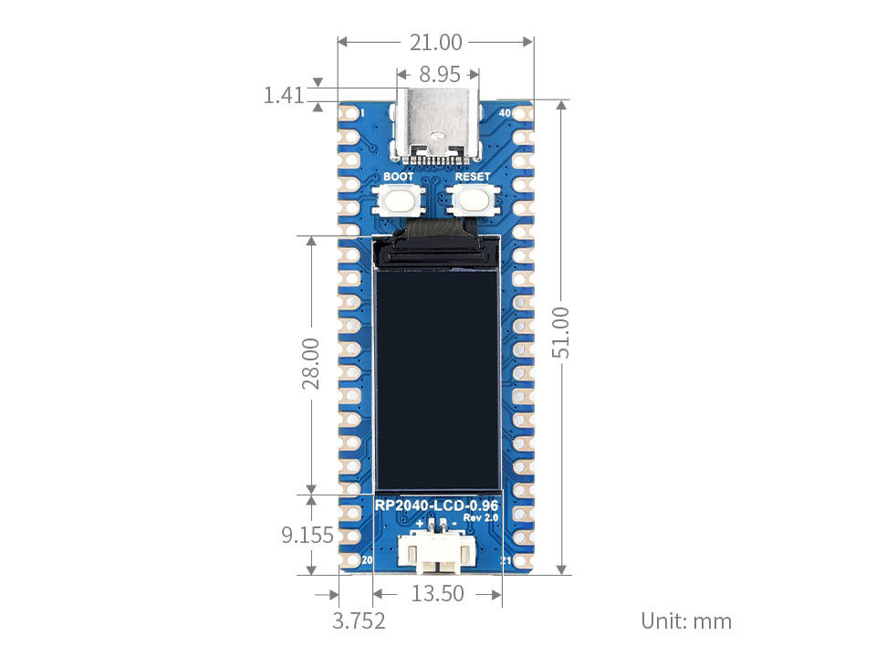 微雪 RP2040 微控制器开发板产品尺寸