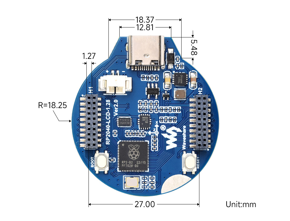微雪 RP2040 微控制器开发板产品尺寸