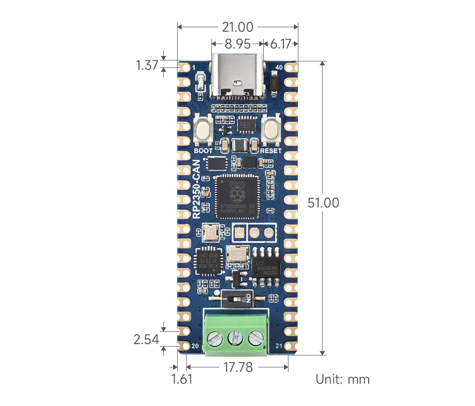 RP2350-CAN 迷你开发板产品尺寸