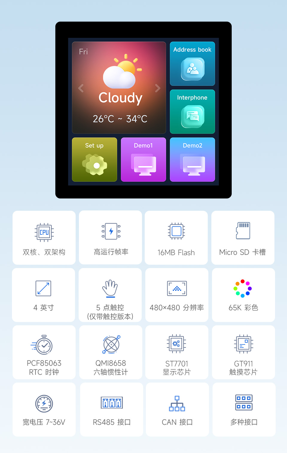 RP2350 4 英寸电容触控屏开发板，并带有特性图标如： 2.4GHz WiFi和 BLE5 模组，480×480分辨率和5点触控