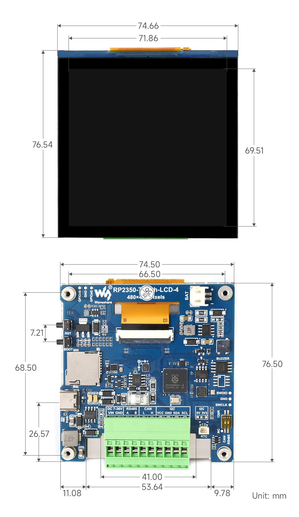 RP2350 4 英寸电容触控屏开发板产品尺寸