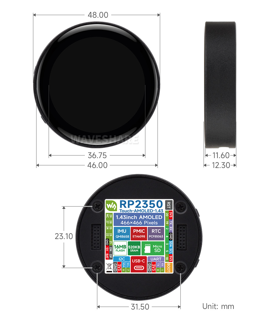 RP2350 4 英寸电容触控屏开发板产品尺寸