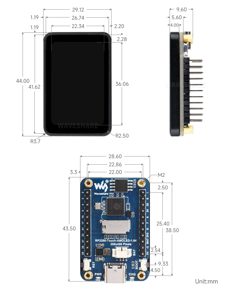 RP2350-Touch-AMOLED-1.64-M 英寸液晶开发板产品尺寸