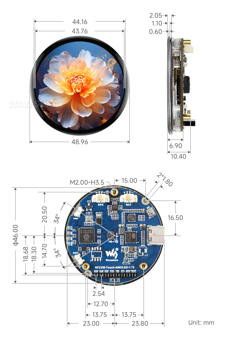 RP2350 1.75 英寸电容触控屏开发板产品尺寸