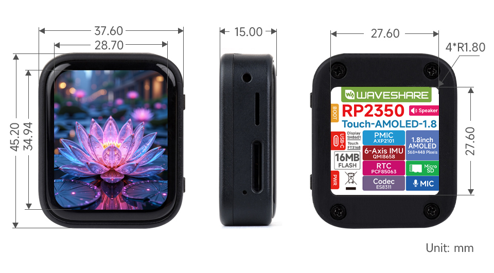 RP2350-Touch-AMOLED-1.8 英寸液晶开发板产品尺寸