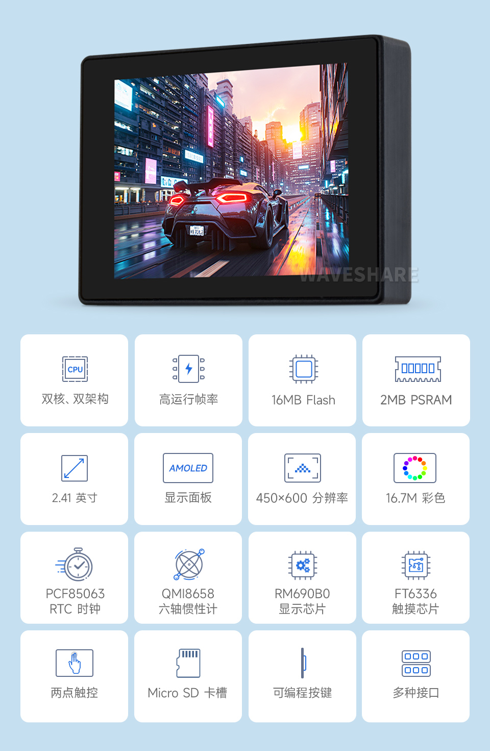 RP2350-AMOLED-2.41-B 屏幕正面主图 双核 双架构 高运行帧率 16MB Flash 2MB PSRAM 2.41英寸 AMOLED 显示面板 450×600 分辨率 16.7M 彩色 RTC时钟 PCF85063 六轴惯性计 QMI8658 显示芯片 RM690B0 触摸芯片 FT6336 两点触控 Micro SD 卡槽 可编程按键 多种接口