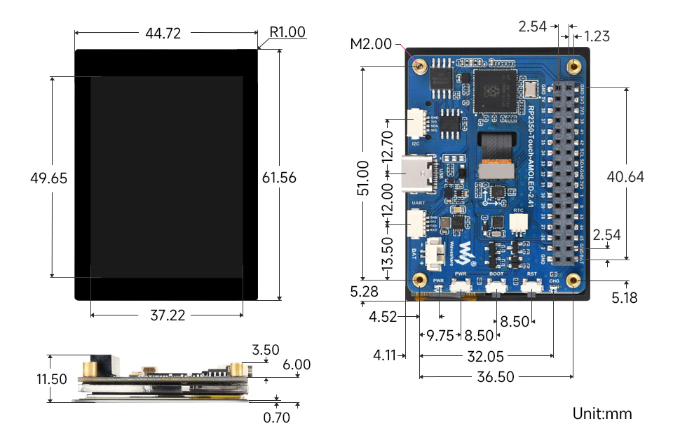 RP2350-AMOLED-2.41 不带外壳的内部尺寸解析