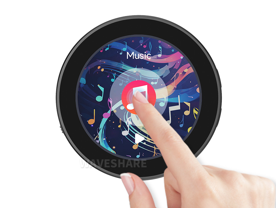 手指触摸 RP2350 1.85 英寸电容触控屏开发板的屏幕，界面显示LVGL GUI开发出来的场景