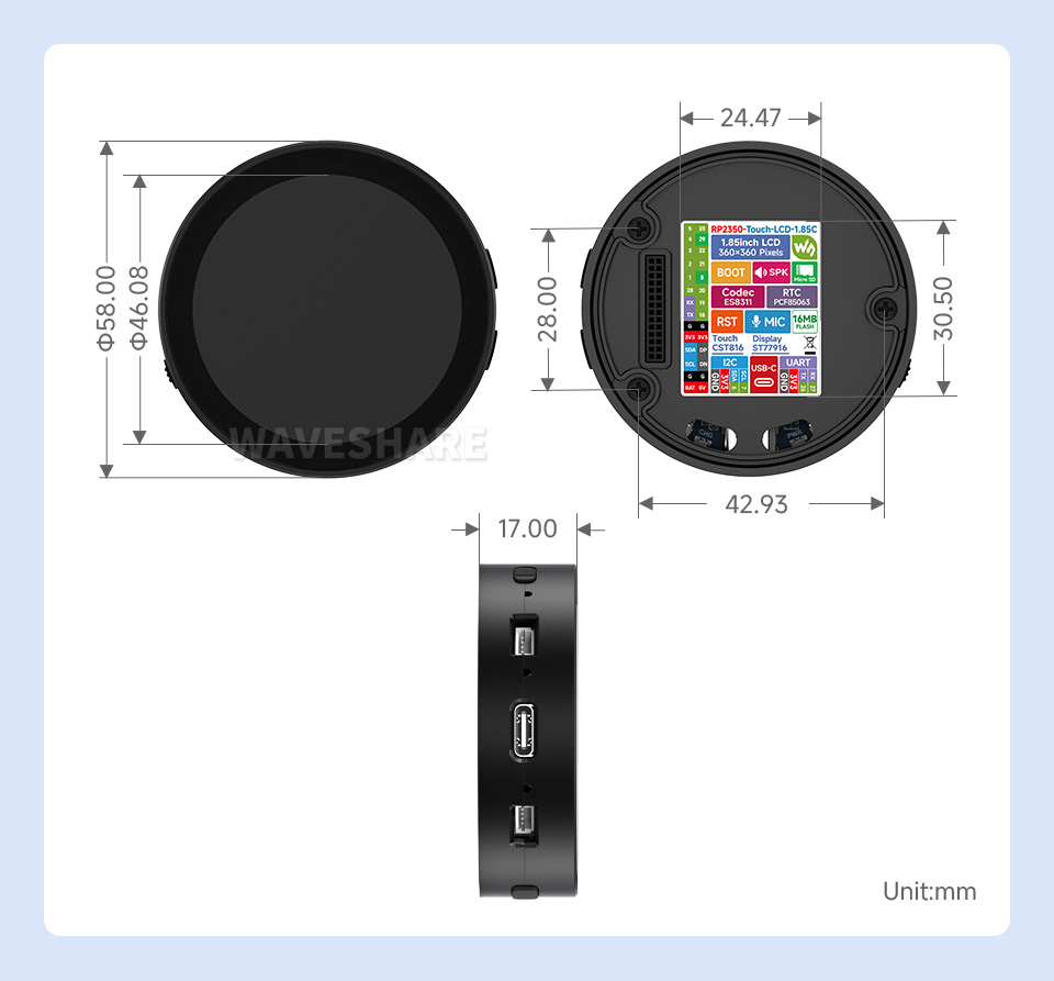 RP2350 1.85 英寸电容触控屏开发板产品尺寸