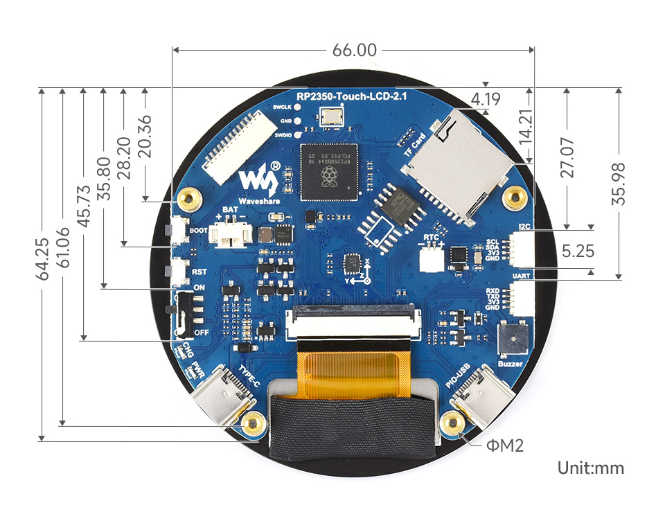 RP2350 2.1 英寸电容触控屏开发板产品尺寸