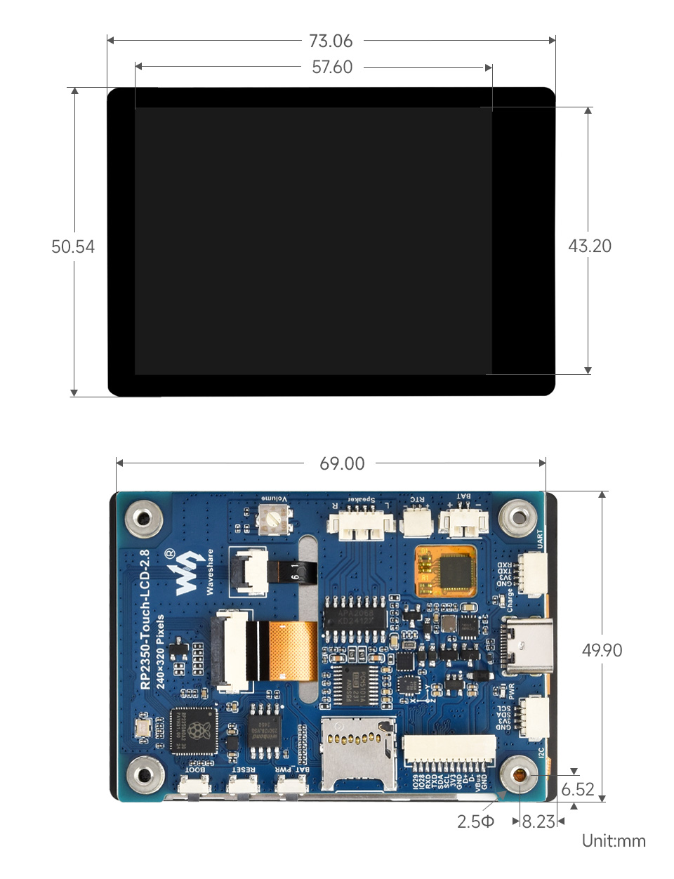 微雪 RP2350 触摸液晶开发板产品尺寸