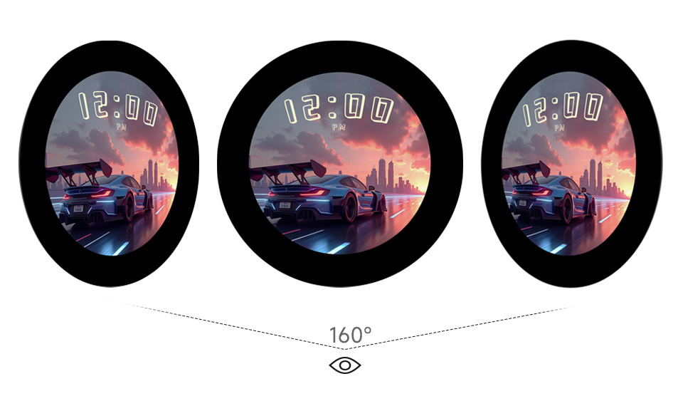 三个RP2350 2.1 英寸电容触控屏开发板并列，并展示不同视角及IPS屏幕软件