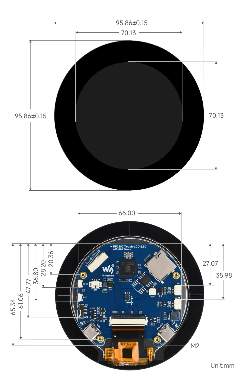 RP2350 2.1 英寸电容触控屏开发板产品尺寸