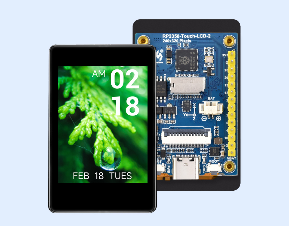 RP2350 4 英寸电容触控屏开发板，并带有特性图标如： 2.4GHz WiFi和 BLE5 模组，480×480分辨率和5点触控