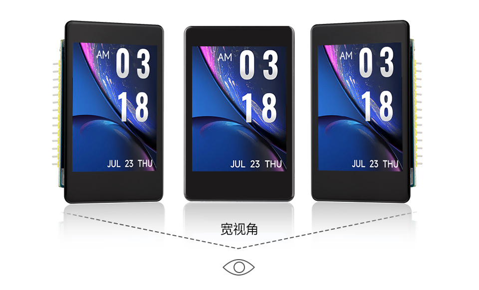 三个RP2350 4 英寸电容触控屏开发板并列，并展示不同视角及IPS屏幕软件