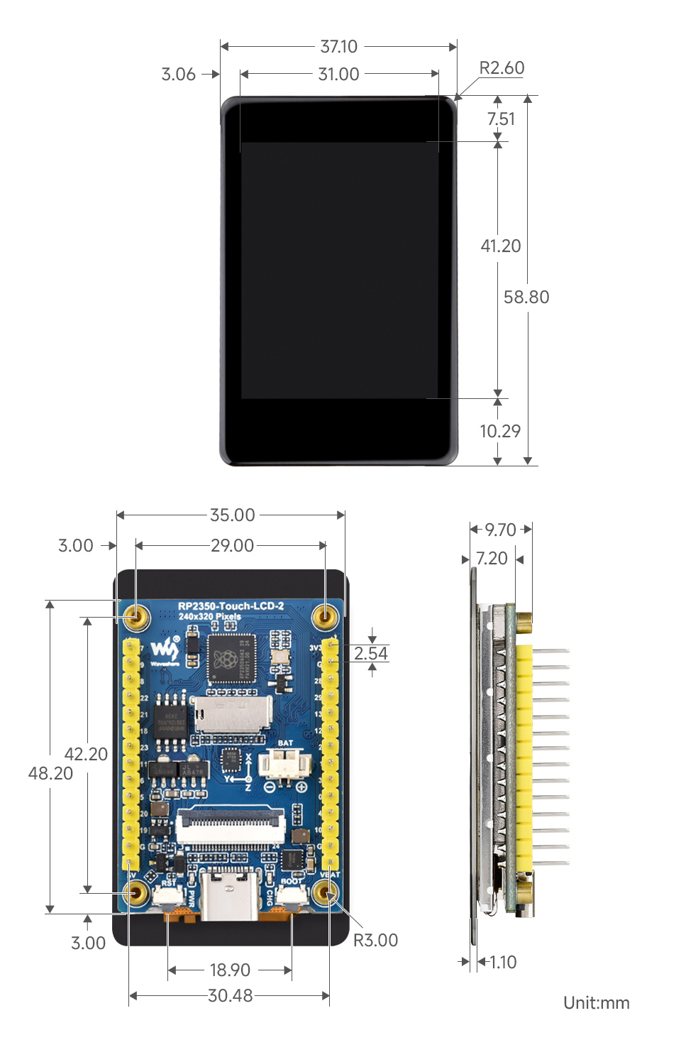RP2350 4 英寸电容触控屏开发板产品尺寸