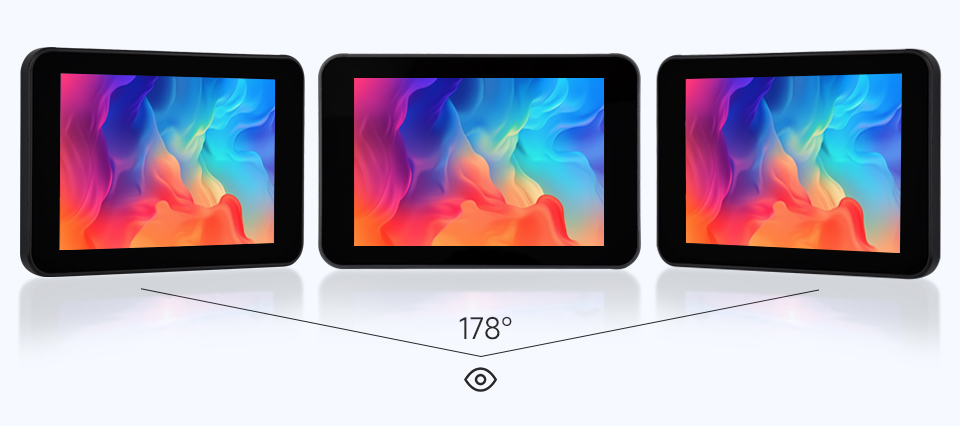 三个RP2350 3.5 英寸电容触控屏开发板并列，并展示不同视角及IPS屏幕软件