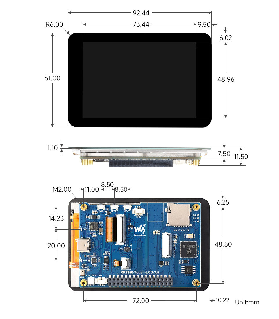 RP2350 3.5 英寸电容触控屏开发板产品尺寸