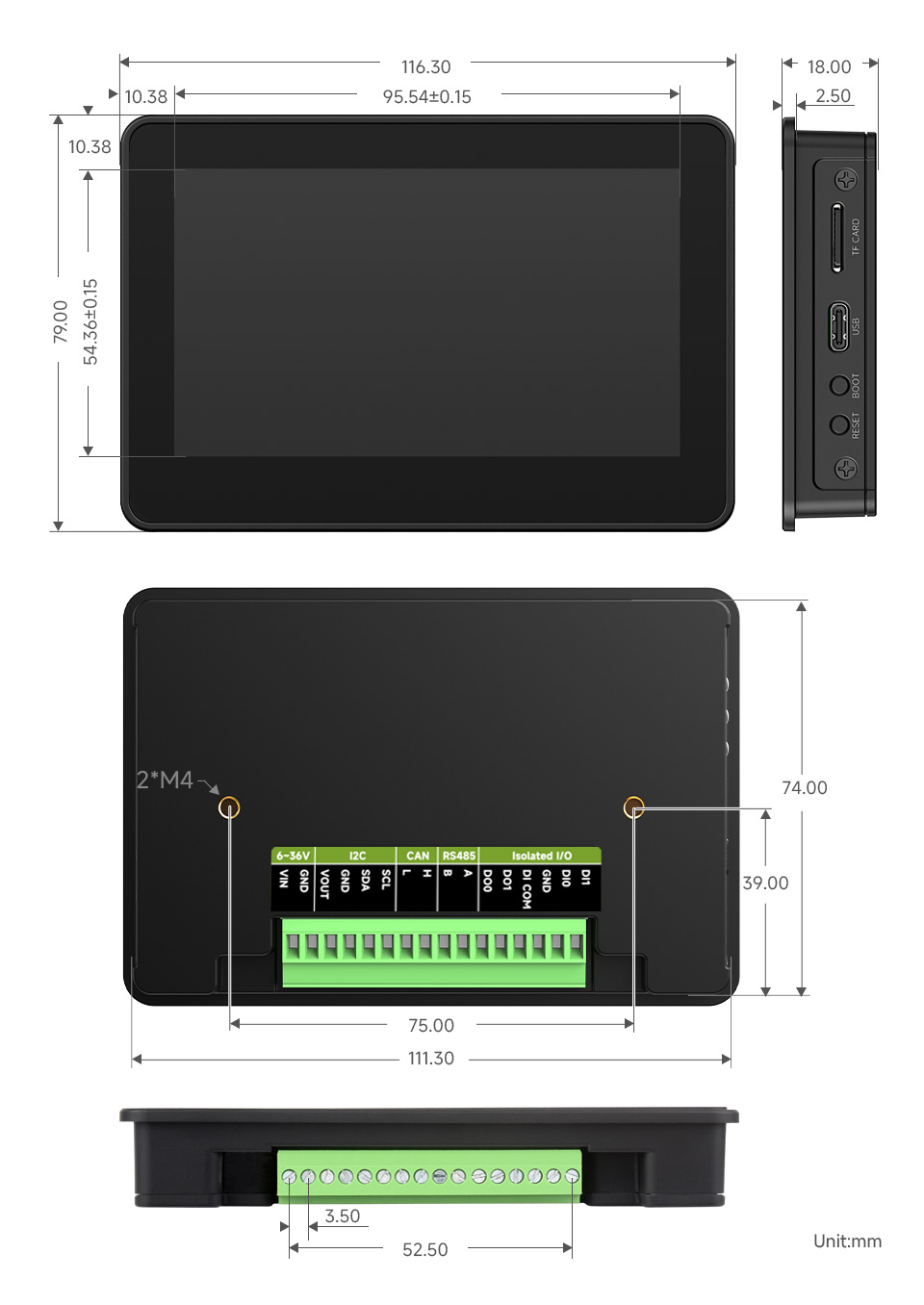 RP2350 4.3 英寸电容触控屏开发板产品尺寸，升级版 (带塑胶外壳)