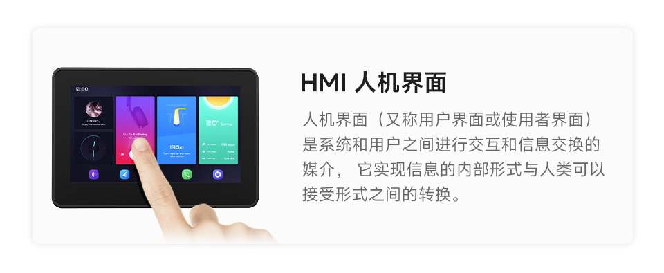 RP2350 4.3 英寸电容触控屏开发板的应用场景，分别介绍了HMI人机界面场景，和LVGL GUI开发场景