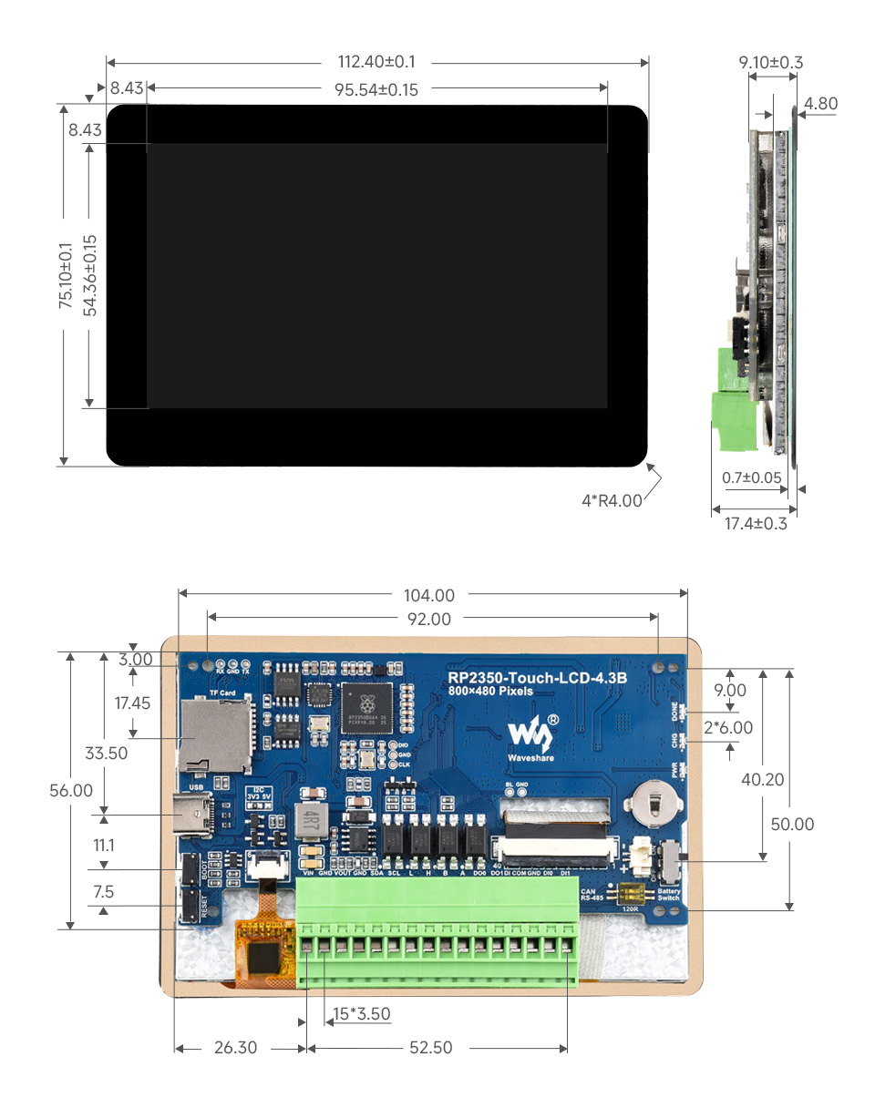RP2350 4.3 英寸电容触控屏开发板产品尺寸，常规版(无外壳)