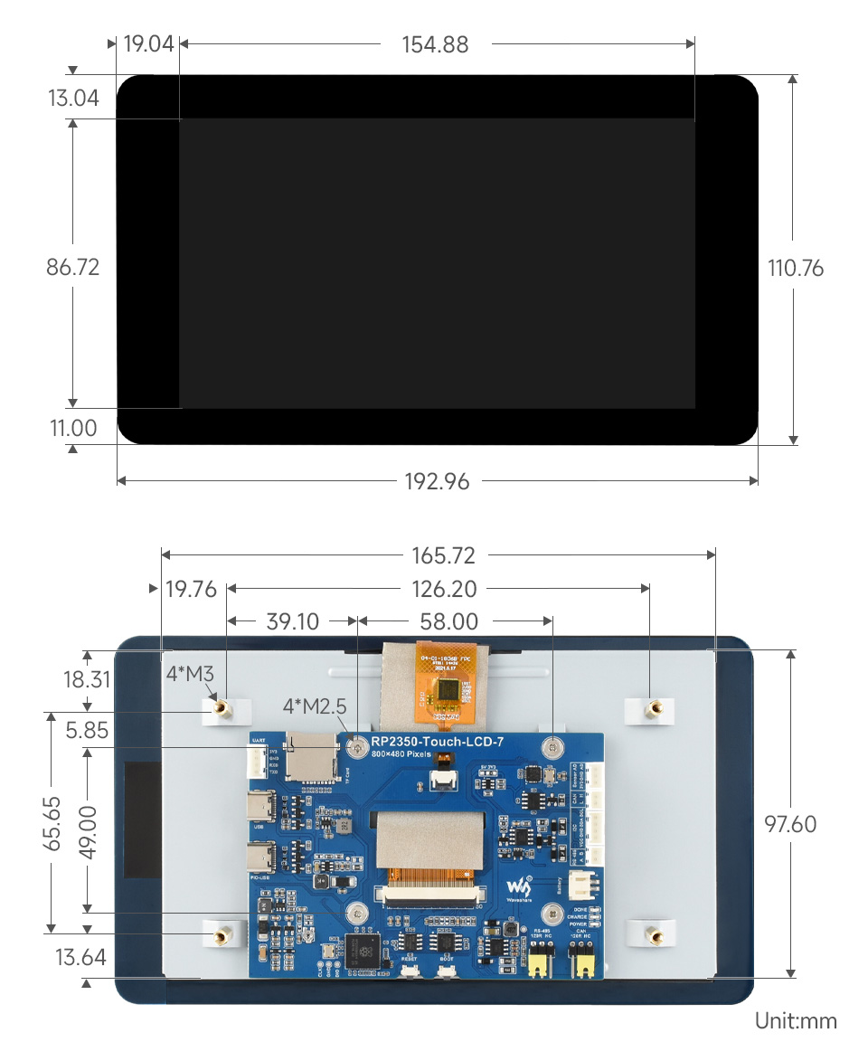 RP2350 7 英寸电容触控屏开发板产品尺寸
