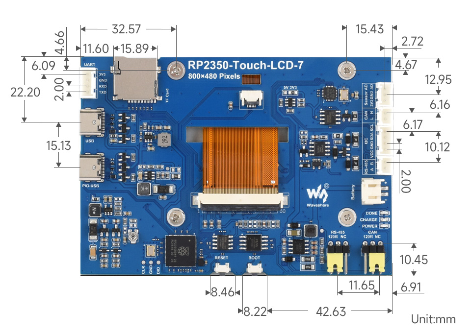 RP2350 7 英寸电容触控屏开发板产品尺寸