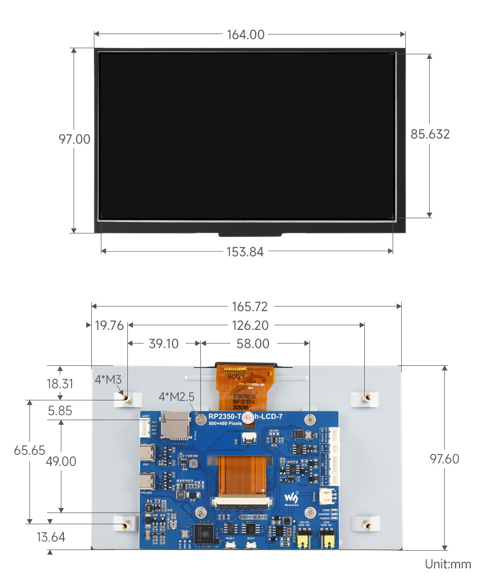 RP2350 7 英寸电容触控屏开发板产品尺寸
