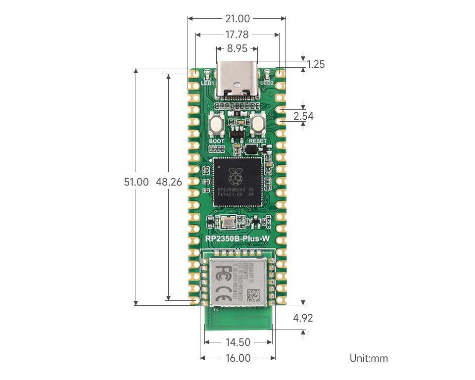 RP2350B-Plus-W开发板产品尺寸